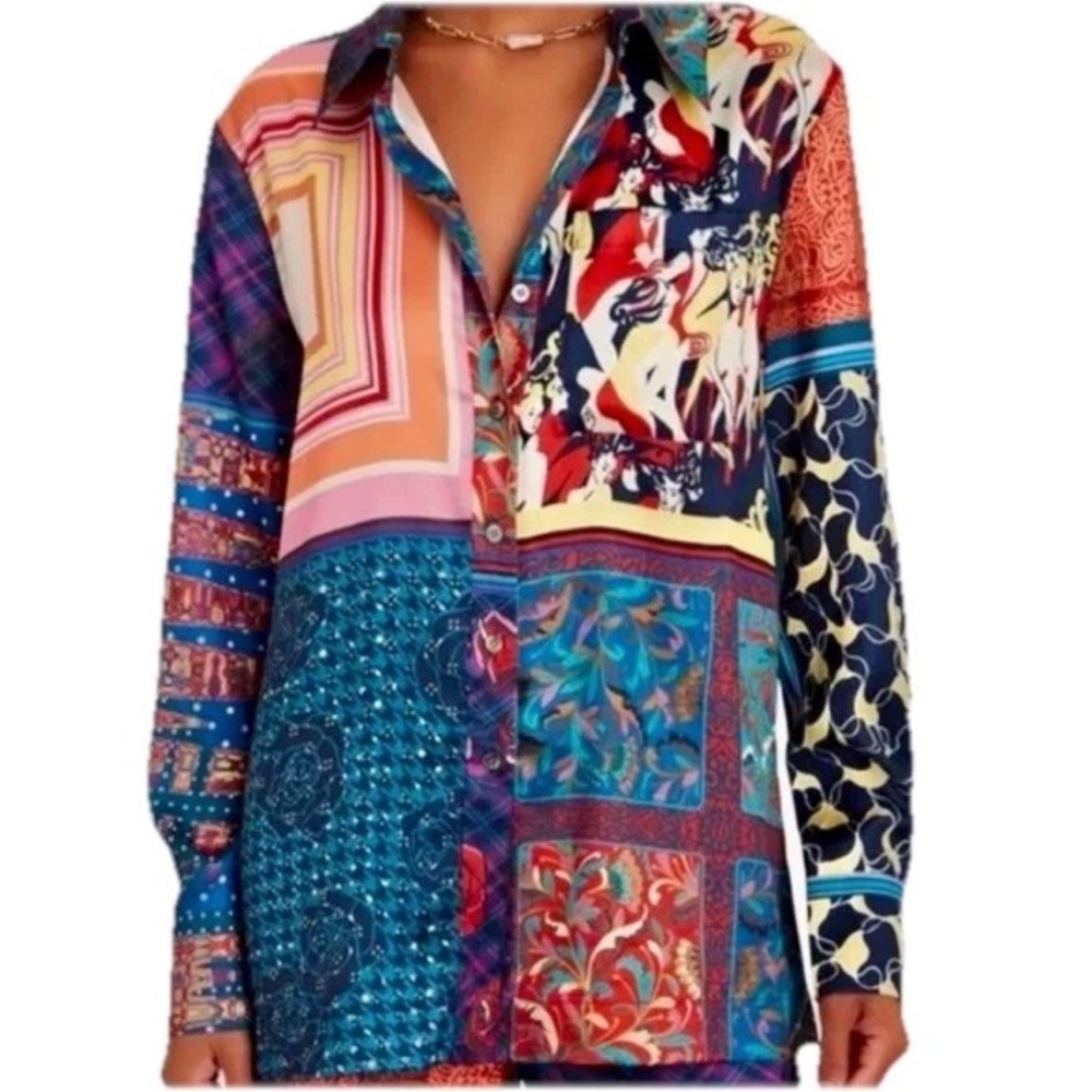STAUD Martha Patchwork Satin Tunic Blouse L Colorblock Boho Top - Picture 2 of 13